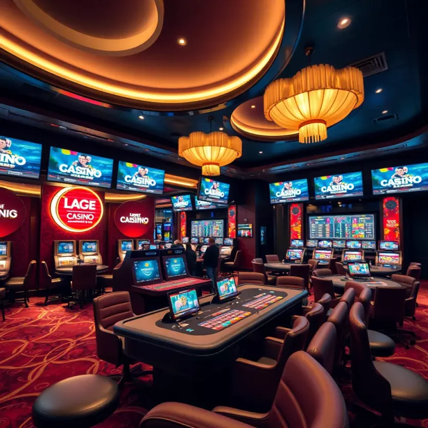 A modern live casino setup with digital screens