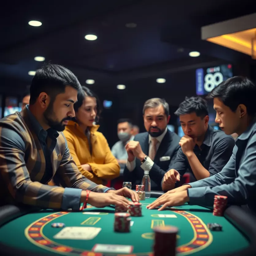 A group of individuals engaged in a strategic discussion at a casino
