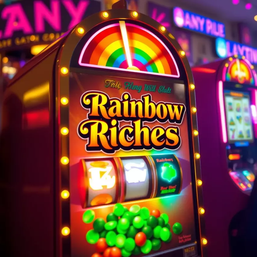 An illustration of a colorful slot machine depicting the theme of rainbow riches.