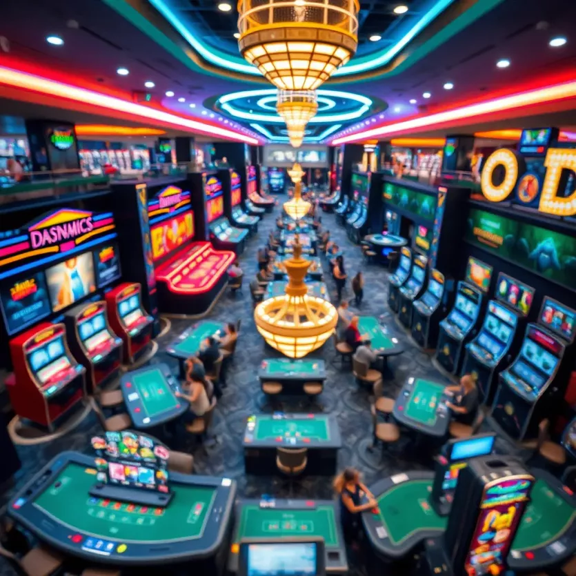 Aerial view of a modern casino floor filled with gaming tables and slot machines