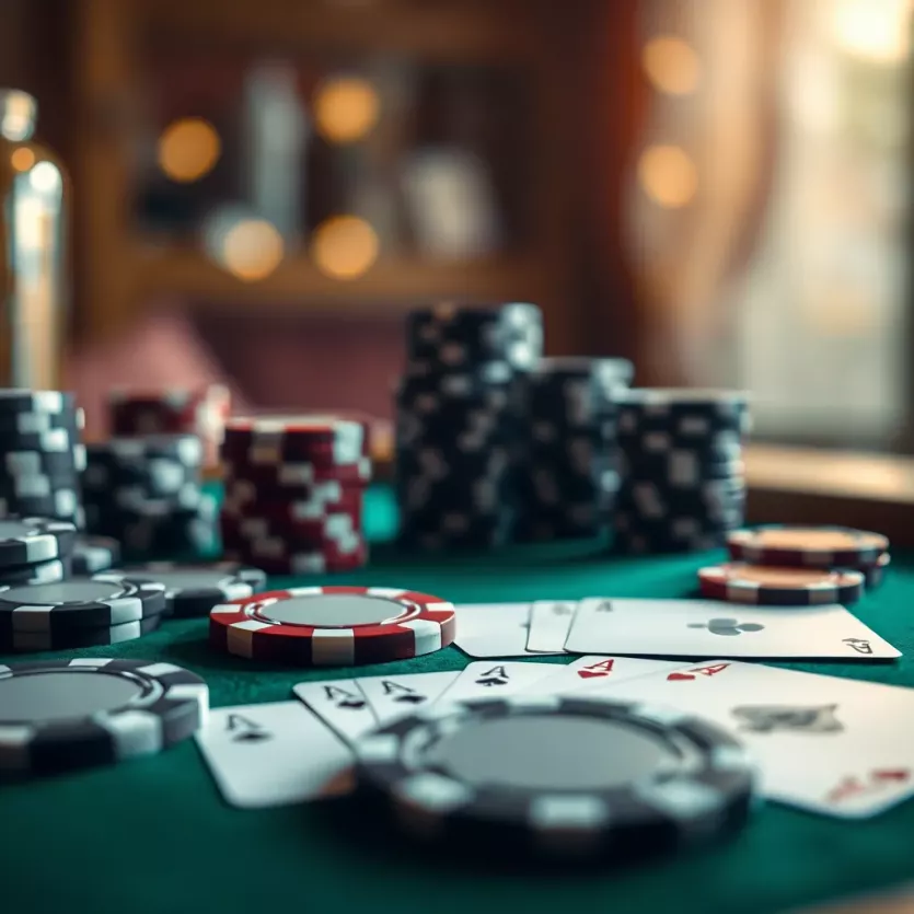 A detailed view of poker chips and cards on a table