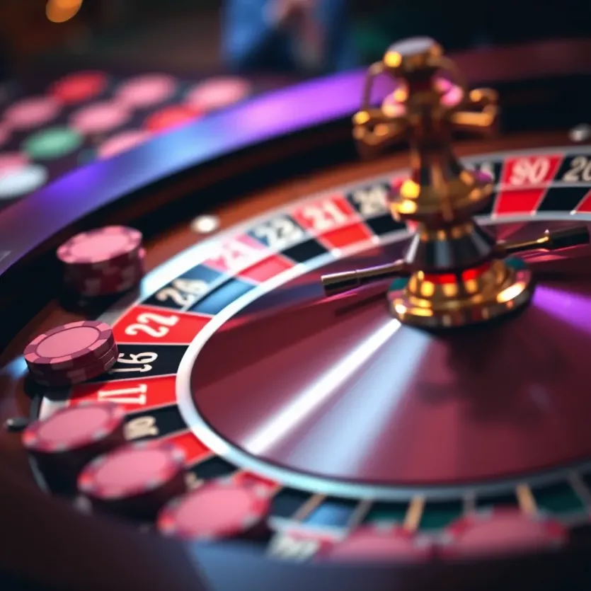 Close-up of a roulette wheel with chips arranged around it