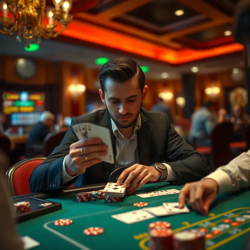 Strategic player analyzing cards and odds in a casino setting