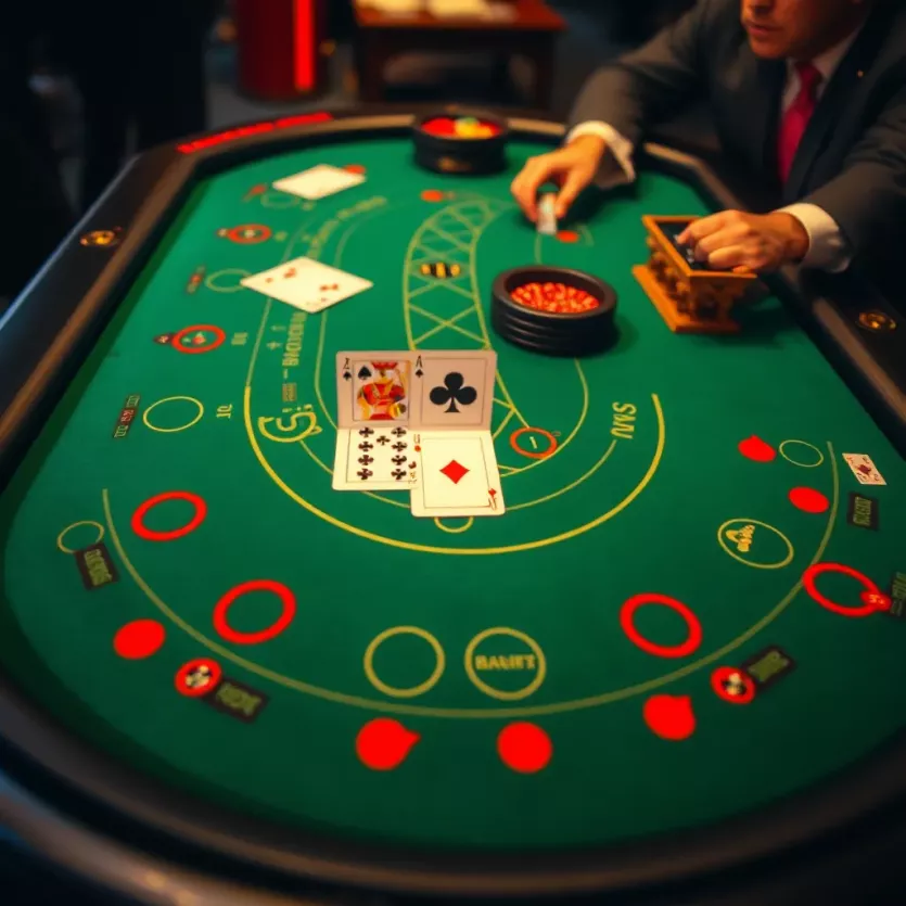 An intricate layout of a blackjack table highlighting optimal play strategies