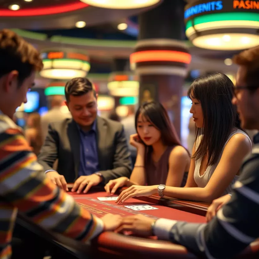 A dealer interacting with players in a vibrant live casino setting