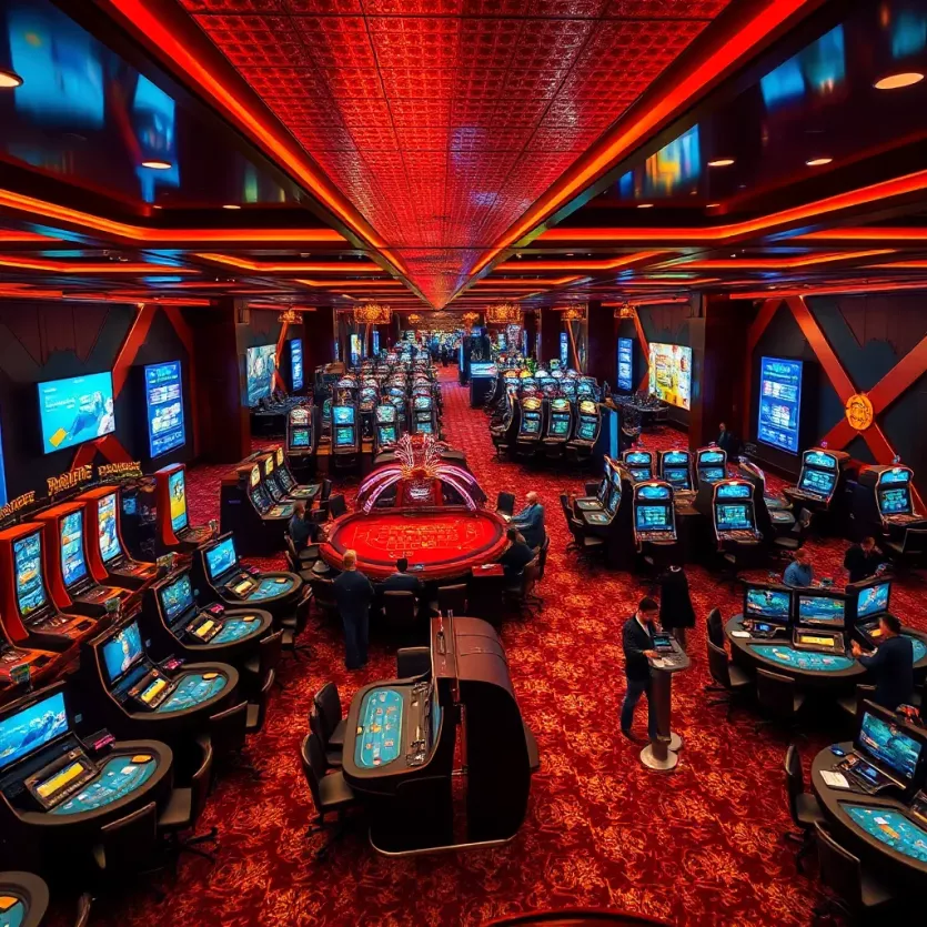 An overview of a bustling casino floor filled with gaming tables