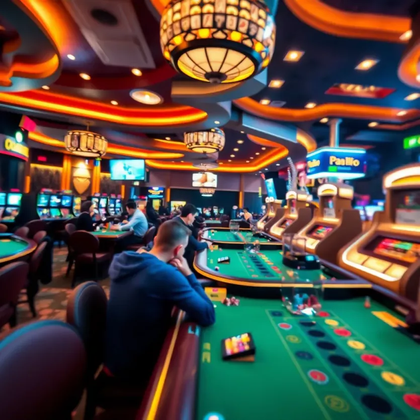 An immersive live casino environment with players engaged at various tables
