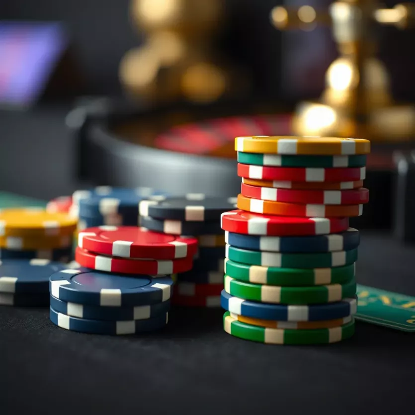 Close-up of roulette chips in various colors stacked on a table