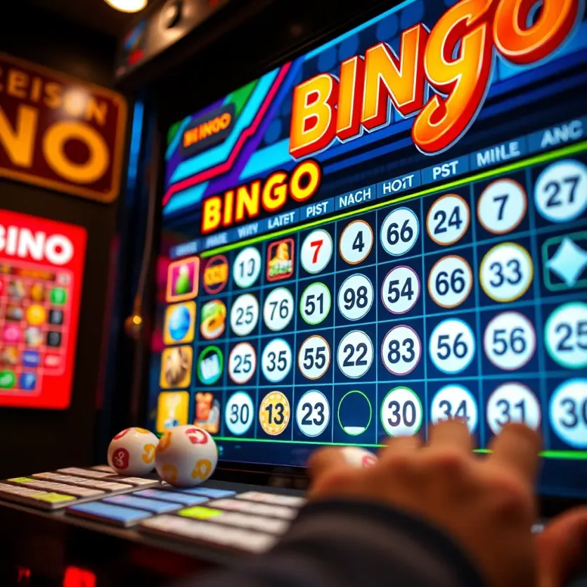 A virtual bingo game interface displaying colorful cards and numbers