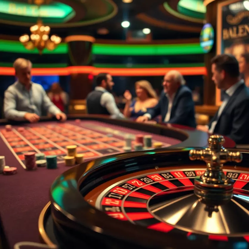 High-stakes roulette table with chips and players