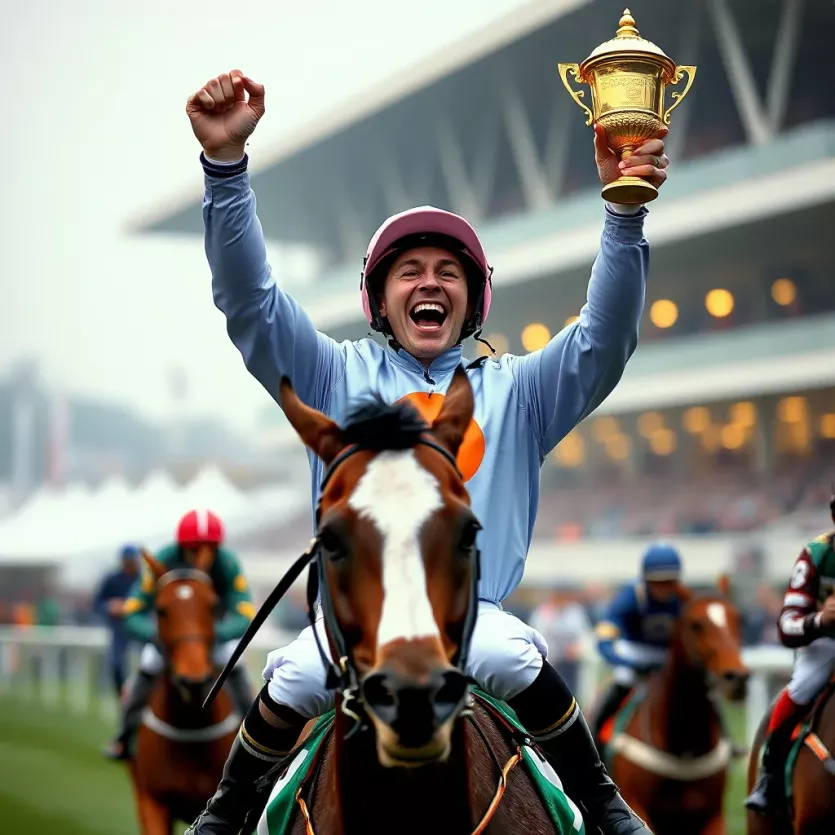 A jockey celebrating victory in the Cheltenham Gold Cup