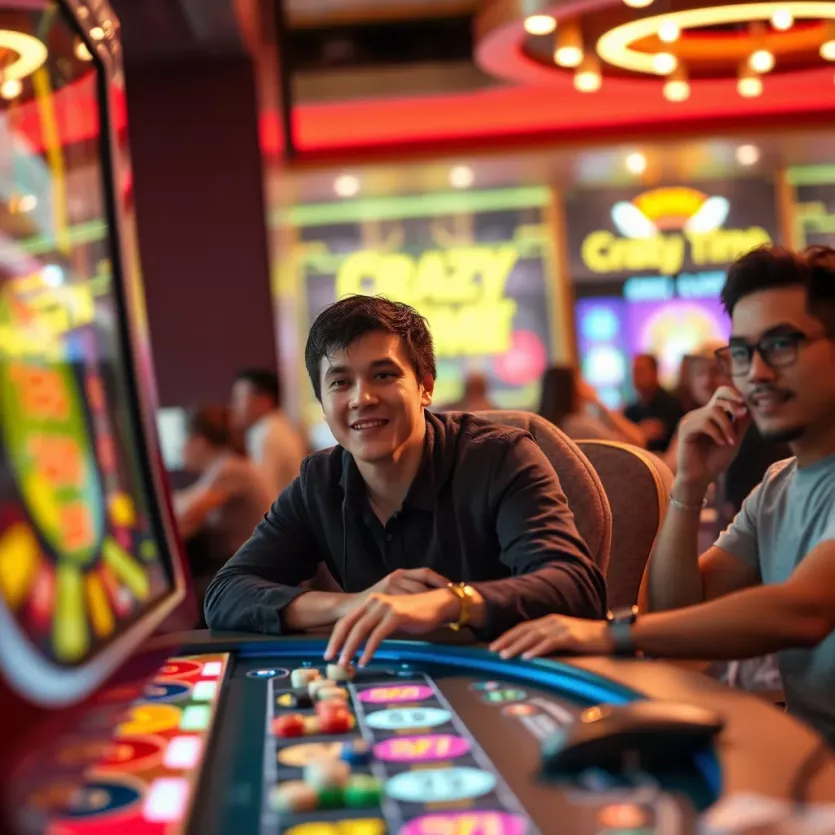 Illustration of players enjoying the thrilling experience of Crazy Time in an online casino setting.