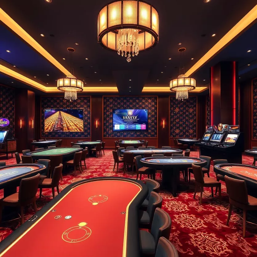 An elegant casino interior showcasing sophisticated gaming tables