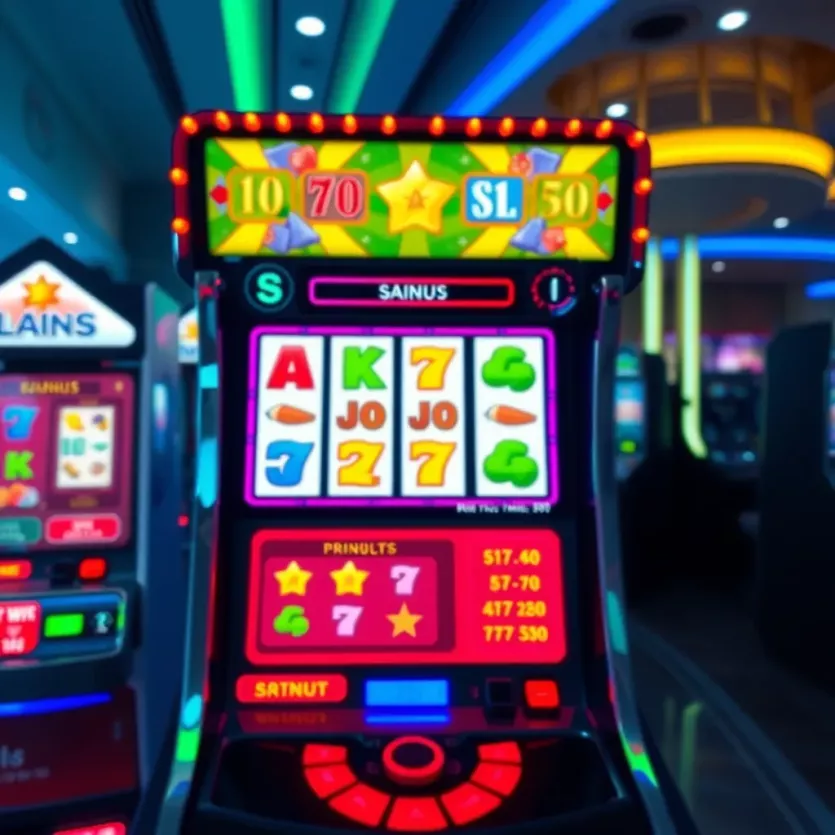 Illustration of a digital slot machine interface featuring vibrant graphics and various symbols